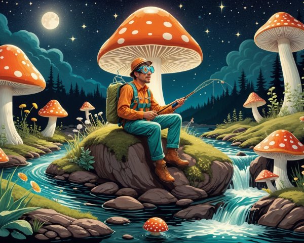 Fisherman on Rock Surrounded by Giant Mushrooms