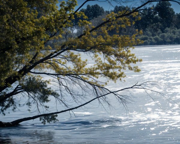 Serene Riverside Scene with Tree and Calm Water