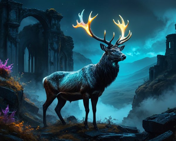 Majestic stag with glowing antlers in mystical ruins
