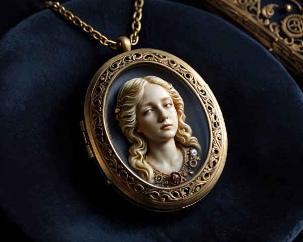 Ornate golden locket on deep blue velvet surface