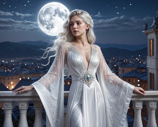 Young Woman in Elegant Gown on Moonlit Balcony
