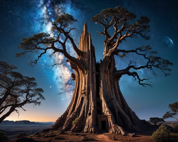 Ancient Tree Under Starry Night Sky with Mountains