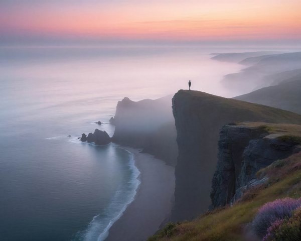 Lone Figure on Cliff Overlooking Misty Coastline at Sunset