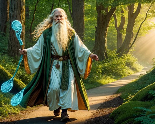 Old Man with Staff Walking in Sunlit Forest Path