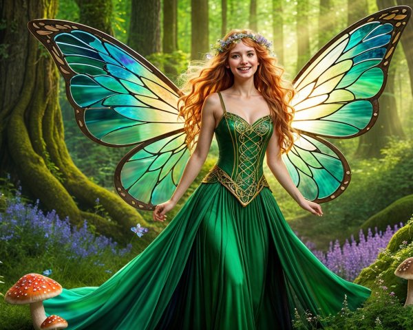 Fairy in Enchanted Forest with Butterfly Wings