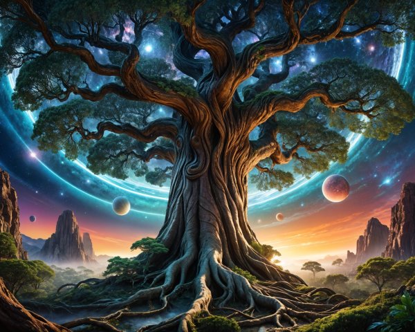 Ancient Tree in Cosmic Landscape with Vibrant Colors