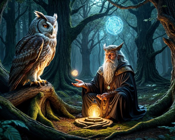 Mystical forest scene with a wizard and owl