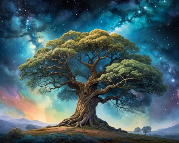 Ancient Tree Against Cosmic Backdrop with Galaxies