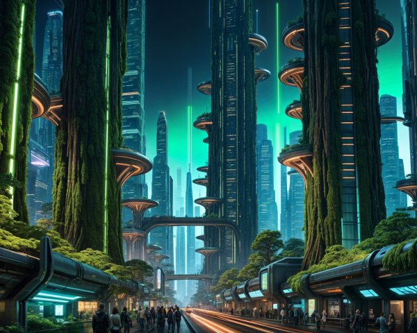Futuristic cityscape with skyscrapers and greenery