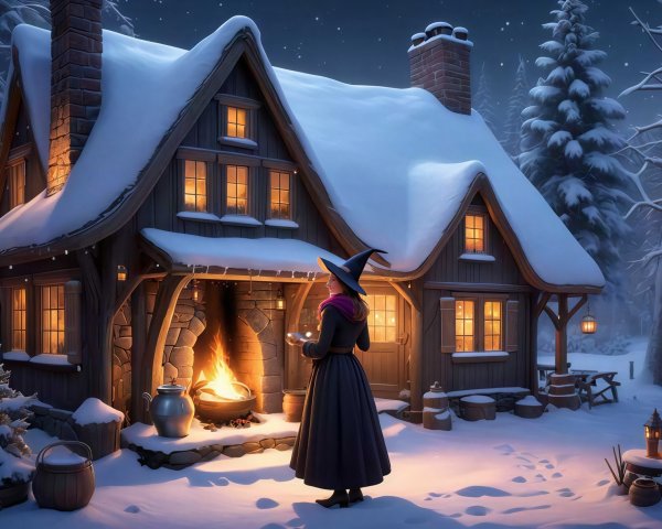 Snowy Cottage Scene with Cozy Glow and Witch Figure