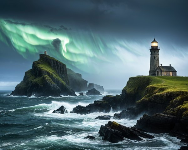 Coastal Scene with Lighthouses and Aurora Borealis