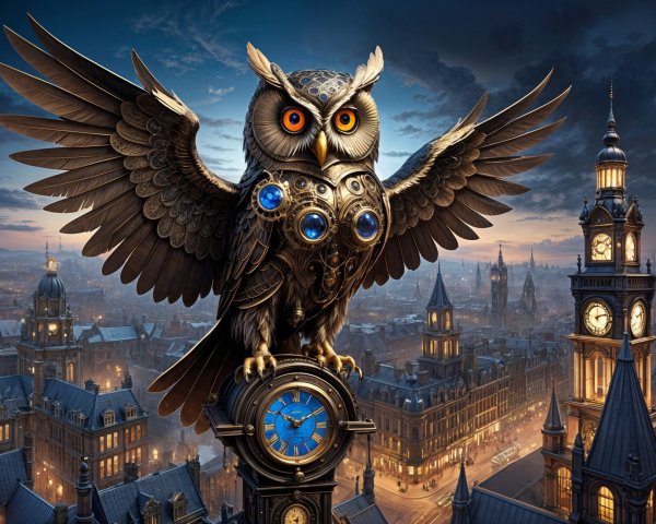 Metallic Owl Sculpture on Clock with Cityscape Background