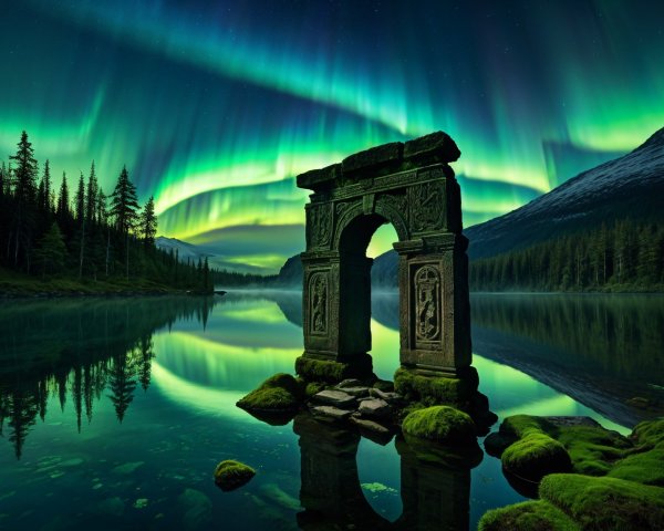 Northern Lights Over Serene Lake with Stone Archway