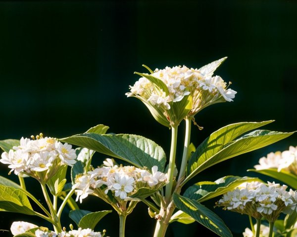 Delicate white flowers with lush green leaves in sunlight