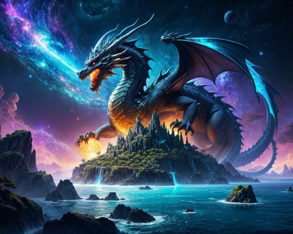 Majestic dragon on a mystical island with galaxies