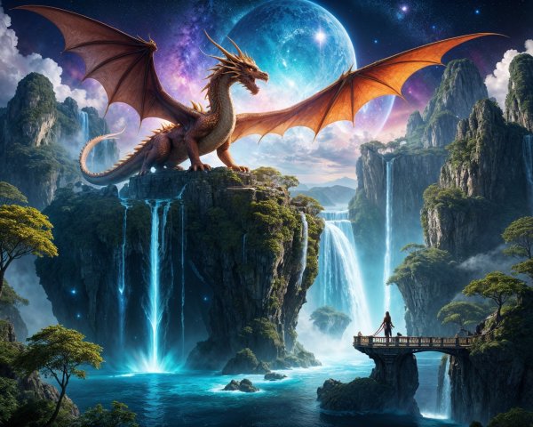 Majestic dragon over serene lake in a fantasy landscape