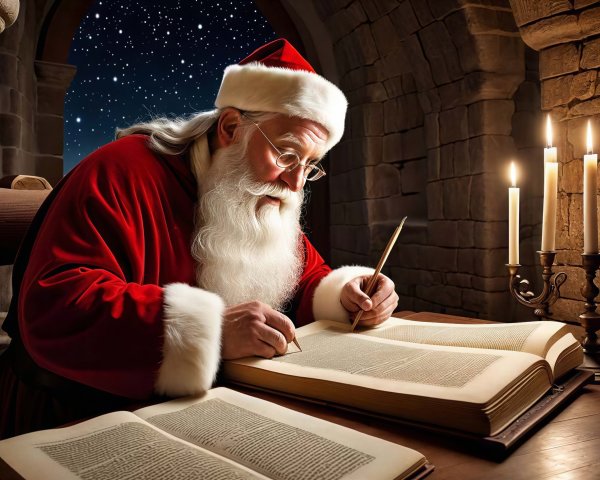 Santa Claus Writing in a Book at a Wooden Table