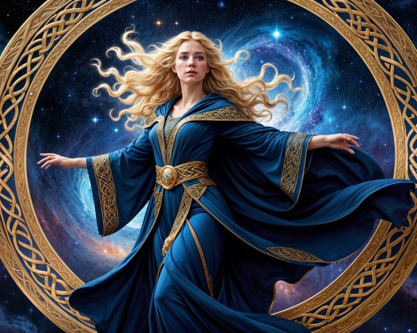 Mystical figure in blue robe within golden frame