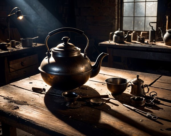 Elegant Dark Metal Teapot in Rustic Workshop Setting