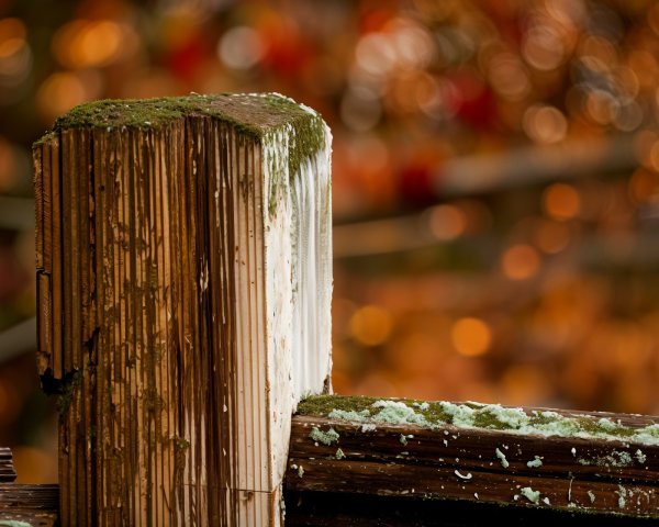 Close-Up of Weathered Wooden Post with Autumn Background