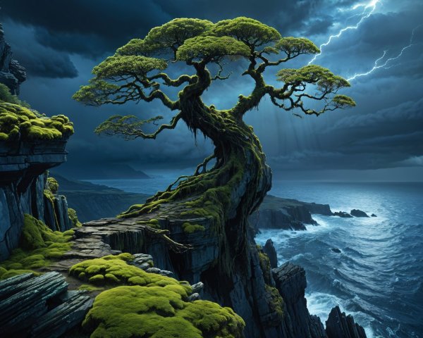 Twisted Tree on Mossy Cliff Under Stormy Sky