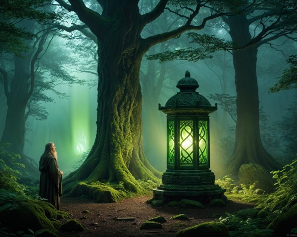 Mystical Forest with Glowing Lantern and Wise Figure