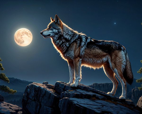 Wolf on Rocky Outcrop Under Full Moonlight