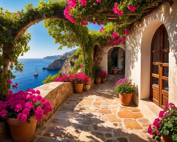 Sunlit Terrace with Bougainvillea and Sea View
