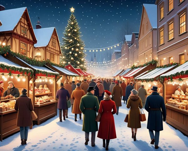 Christmas Market Night Scene with Snow and Lights