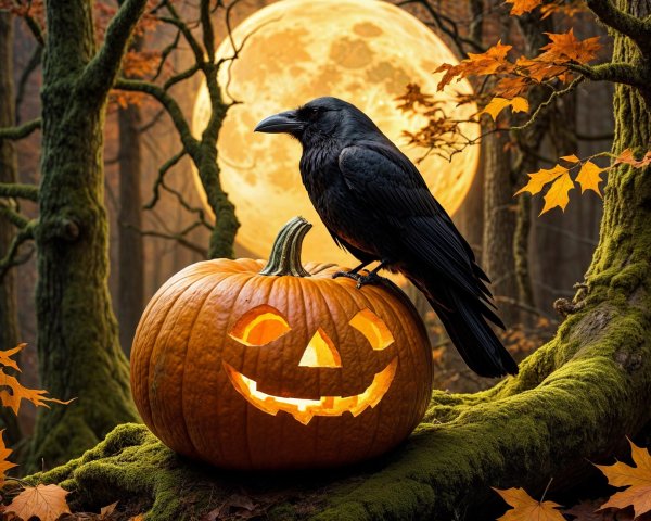 Carved Pumpkin and Raven Under Full Moon Glow