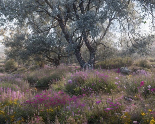 Serene Landscape with Tree and Colorful Wildflowers