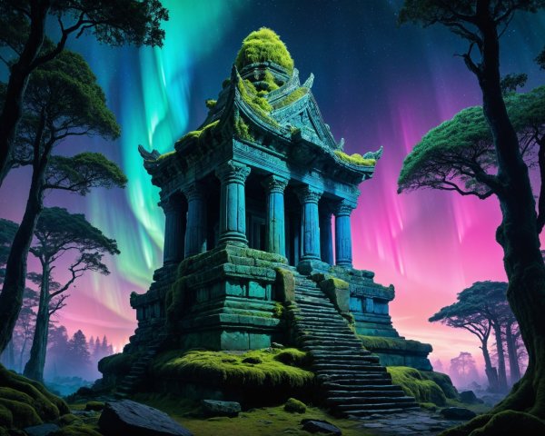 Ancient temple illuminated by aurora borealis colors