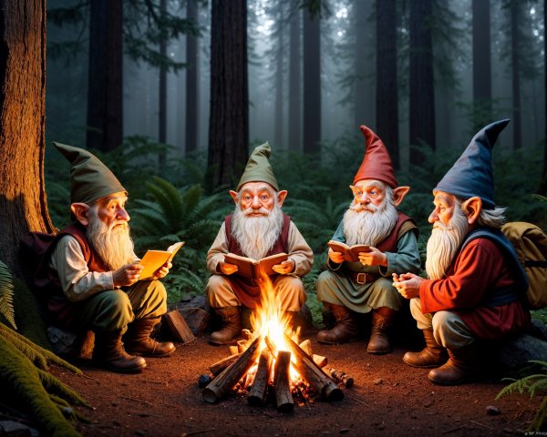 Gnomes Sharing Stories by a Campfire in a Forest
