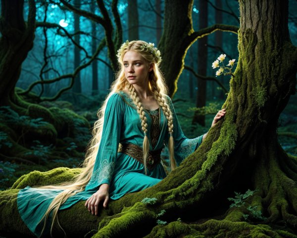 Young Woman in Turquoise Gown in Mystical Forest
