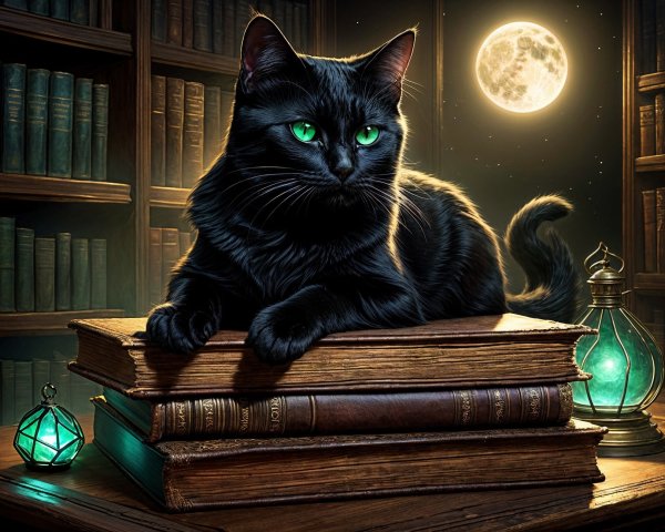 Cozy library scene with a black cat and antique books