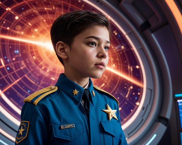 Young Boy in Blue Uniform Against Cosmic Backdrop