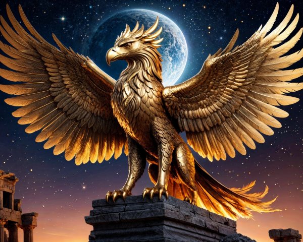 Golden Griffon on Pedestal with Celestial Moon Background