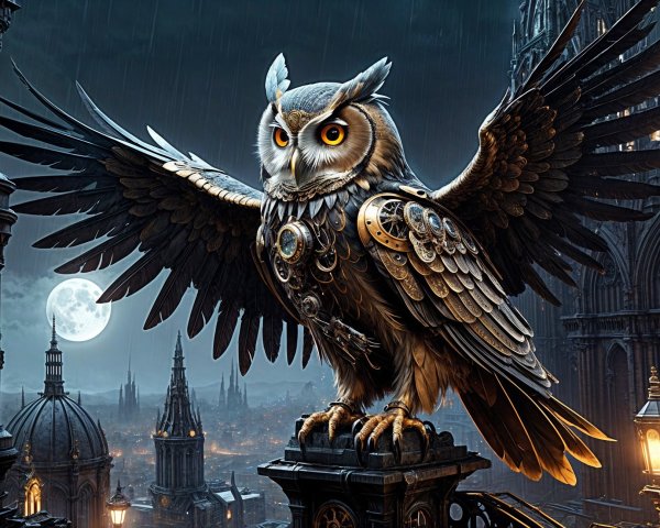 Steampunk Mechanical Owl Overlooking Moonlit City