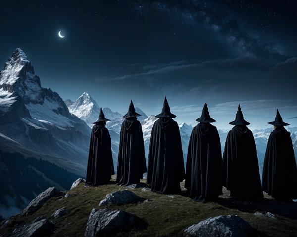 Cloaked Figures on Rocky Hill Under Night Sky