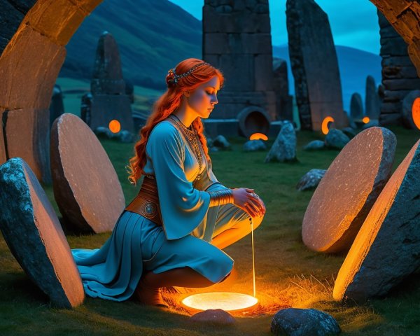 Mystical Dusk Scene with Woman and Glowing Stone