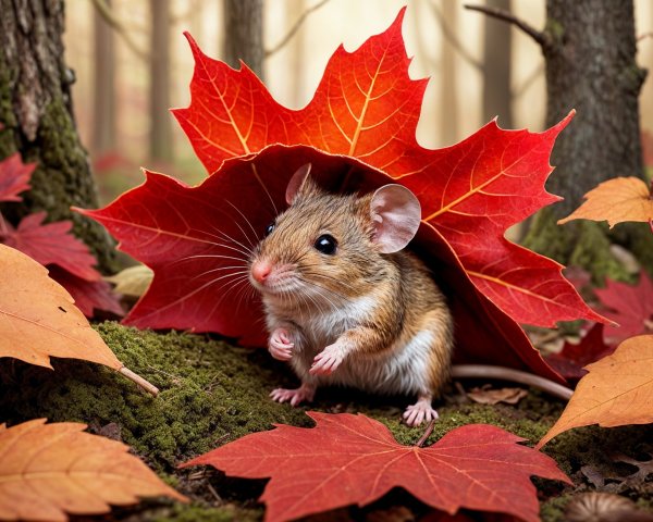 Mouse Among Autumn Leaves on Forest Floor