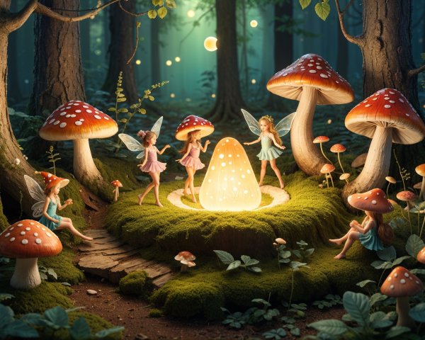 Fairies Dancing Around Glowing Mushroom in Forest Clearing