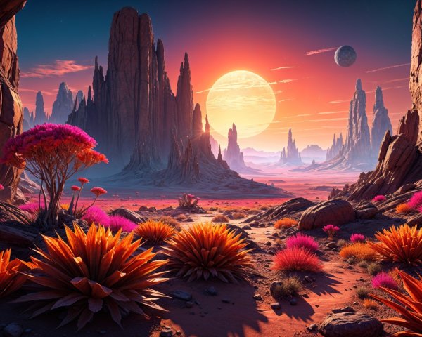 Surreal Alien Landscape with Vibrant Flora and Sun