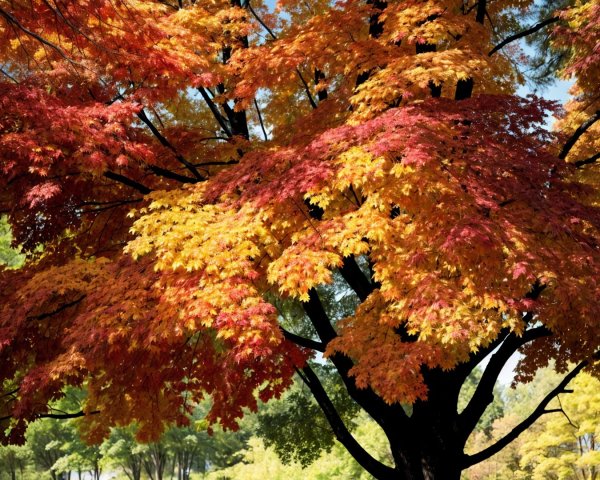 Majestic tree with vibrant autumn foliage in shades of red, orange, and yellow