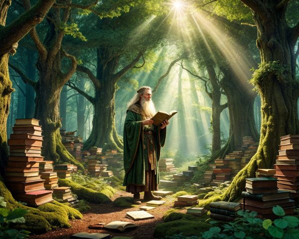 Wise Wizard in a Sunlit Mystical Forest Setting