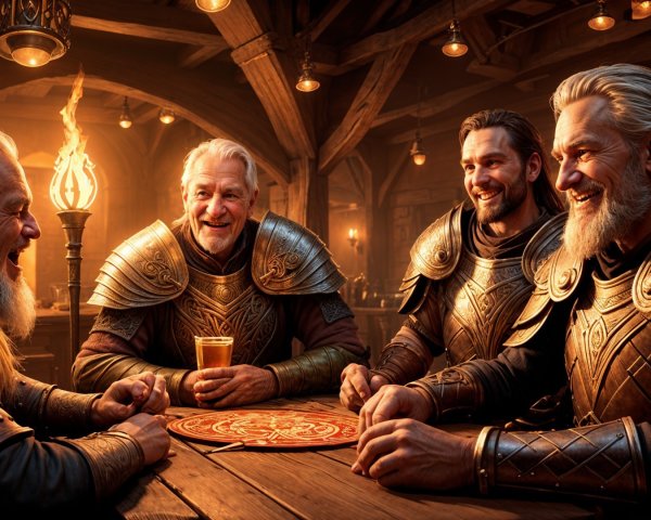 Armored Warriors Sharing Stories in a Cozy Tavern