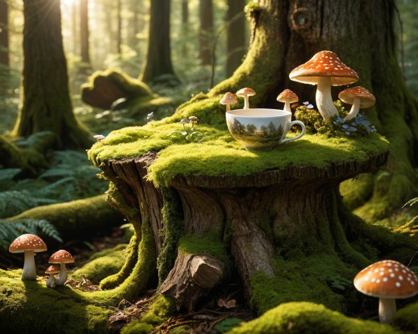 Moss-Covered Stump with Mushrooms and Teacup in Forest