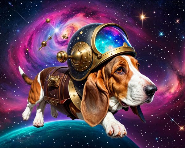 Basset Hound in Vintage Astronaut Helmet in Space