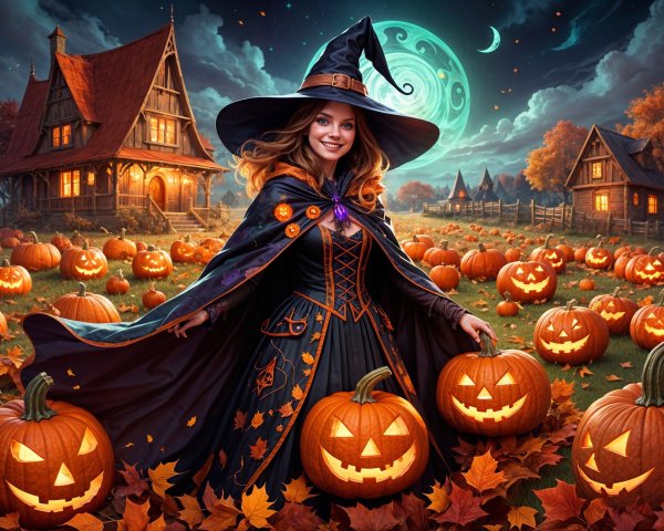 Mystical Halloween Scene in a Pumpkin Patch
