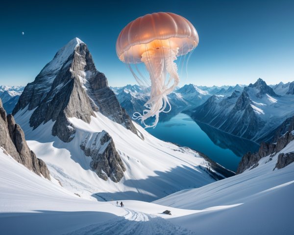 Alpine Landscape with Jellyfish Over Mountain Lake